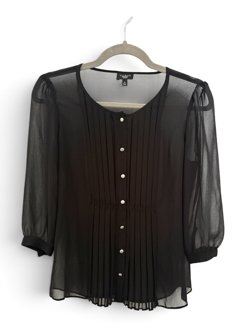 Talbots Black Sheer Pintuck Blouse with Pearl Buttons #424